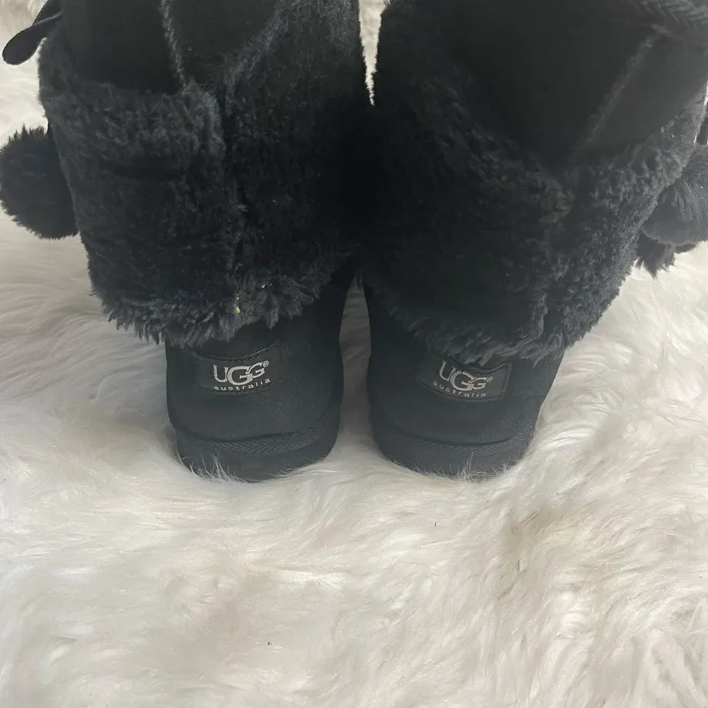 UGG leather suede furry slip on boots with pompom bow accent SZ9